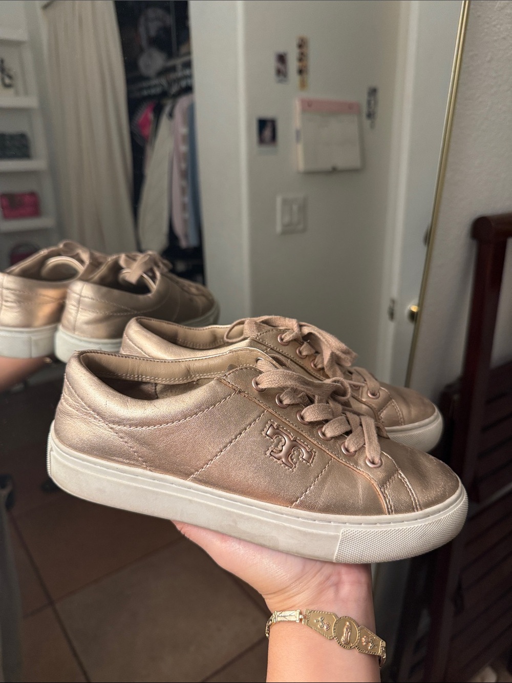 Tory Burch Metallic Rose Gold Low-Top Lace-Up Sneakers